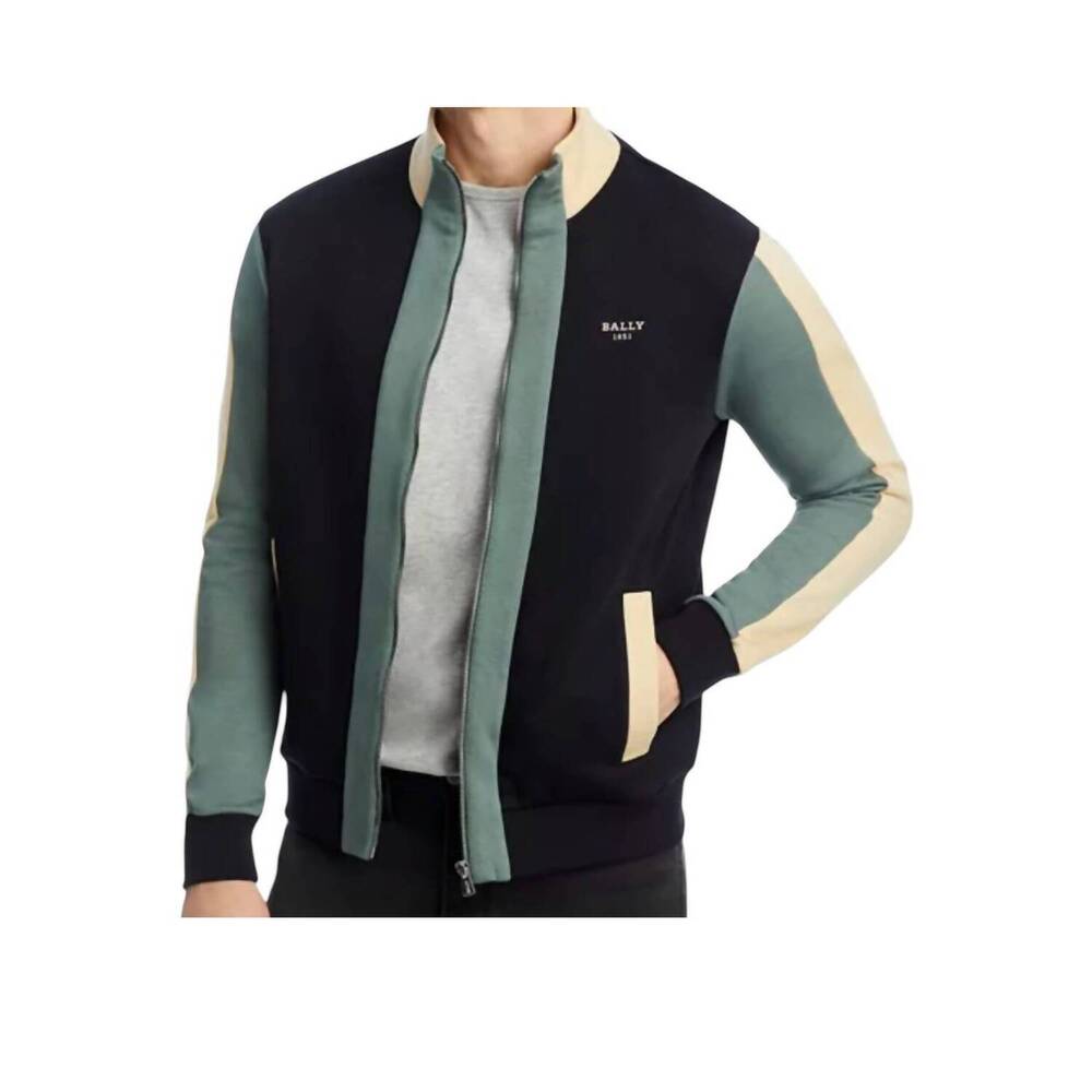 NEW BALLY men's organic cotton track jacket in black & sage
